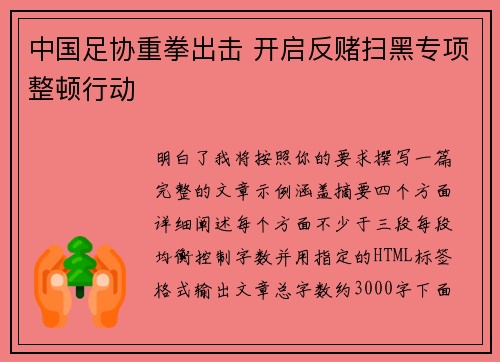 中国足协重拳出击 开启反赌扫黑专项整顿行动