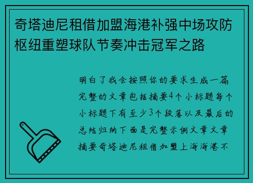 奇塔迪尼租借加盟海港补强中场攻防枢纽重塑球队节奏冲击冠军之路