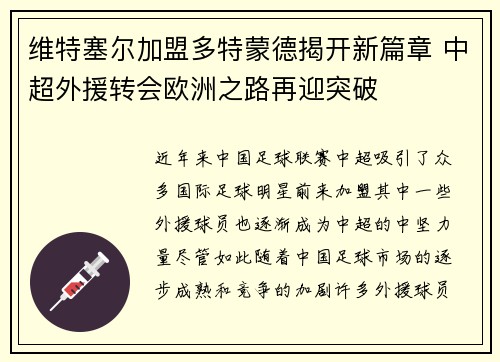 维特塞尔加盟多特蒙德揭开新篇章 中超外援转会欧洲之路再迎突破